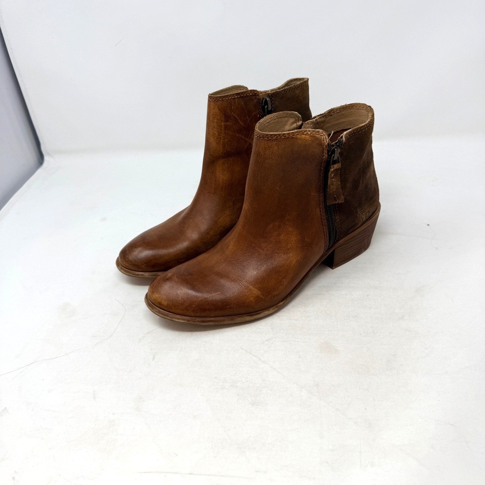 Roan Ankle Boots Tan Brown 8.5 Leather Suede Mixed Media Western Boho Side Zip
